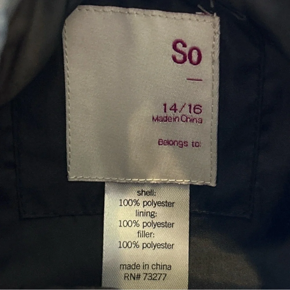So Brand Girls Size 14/16 Black Snap Front W/ Pockets Quilted Winter Jacket Coat